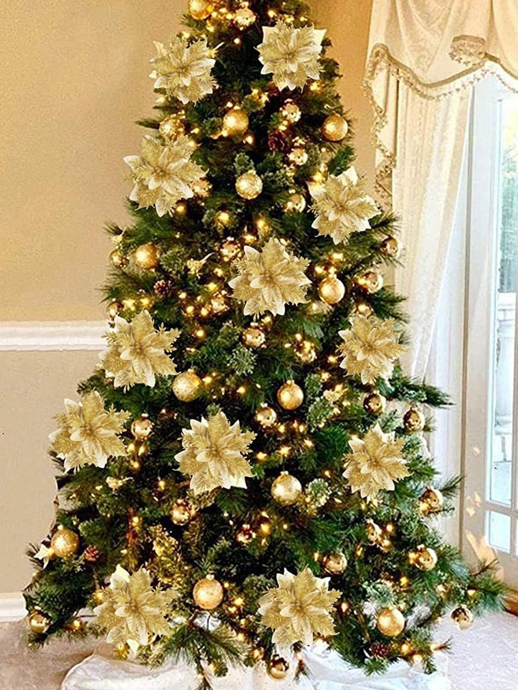 10-Piece Christmas Tree Flower Ornaments Set – Elegant Holiday Decorations for Christmas Trees, Wreaths, Weddings, and Festive Parties. Perfect for Holiday Home Décor, Winter Celebrations, and Christmas Tree Arrangements.