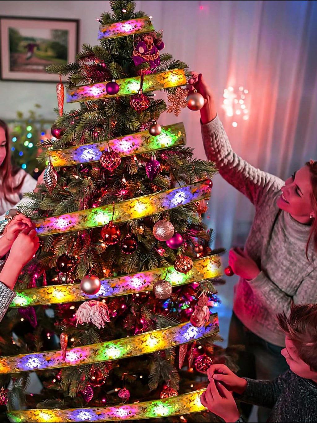 1m/3m/5m/10m LED Christmas Decoration String Lights, Copper Wire Fairy Light With Satin Ribbon Bow Garland for Christmas Tree