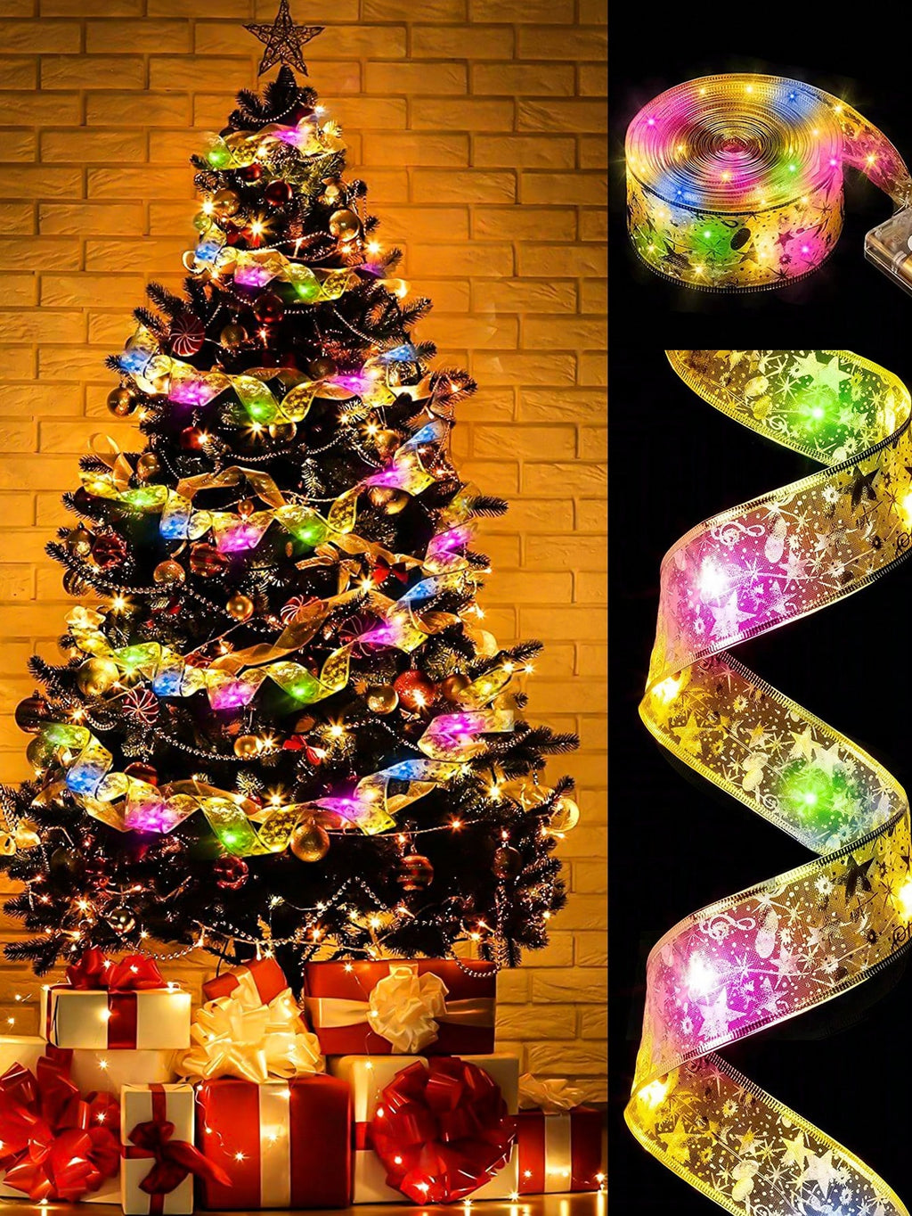 1m/3m/5m/10m LED Christmas Decoration String Lights, Copper Wire Fairy Light With Satin Ribbon Bow Garland for Christmas Tree