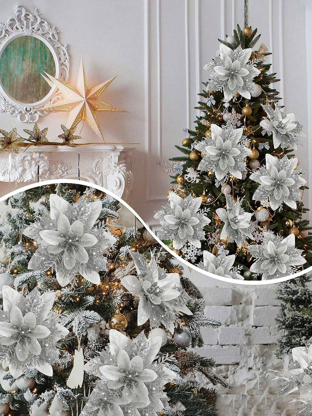10-Piece Christmas Tree Flower Ornaments Set – Elegant Holiday Decorations for Christmas Trees, Wreaths, Weddings, and Festive Parties. Perfect for Holiday Home Décor, Winter Celebrations, and Christmas Tree Arrangements.