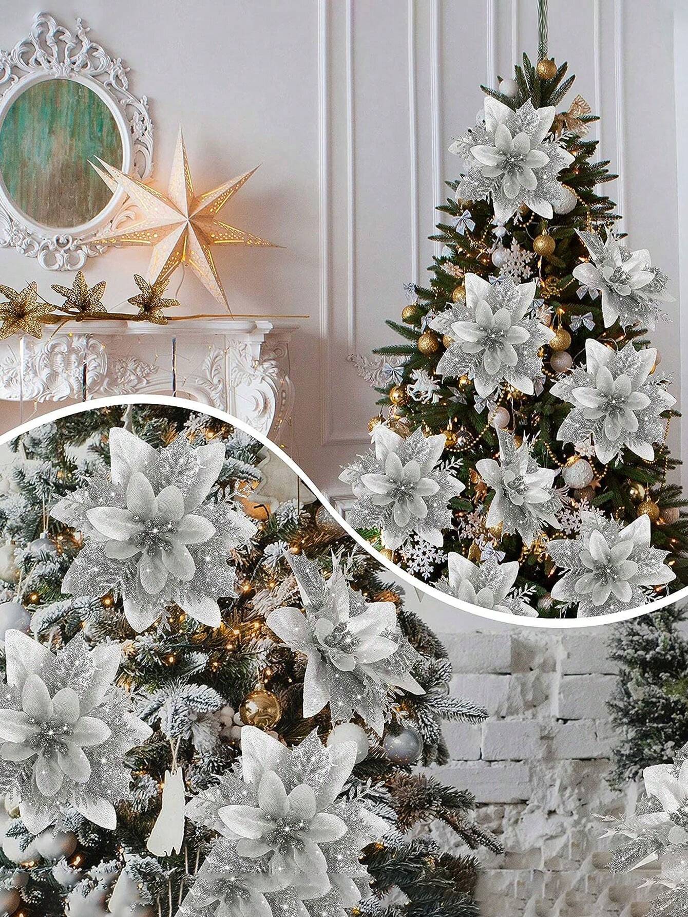 10-Piece Christmas Tree Flower Ornaments Set – Elegant Holiday Decorations for Christmas Trees, Wreaths, Weddings, and Festive Parties. Perfect for Holiday Home Décor, Winter Celebrations, and Christmas Tree Arrangements.