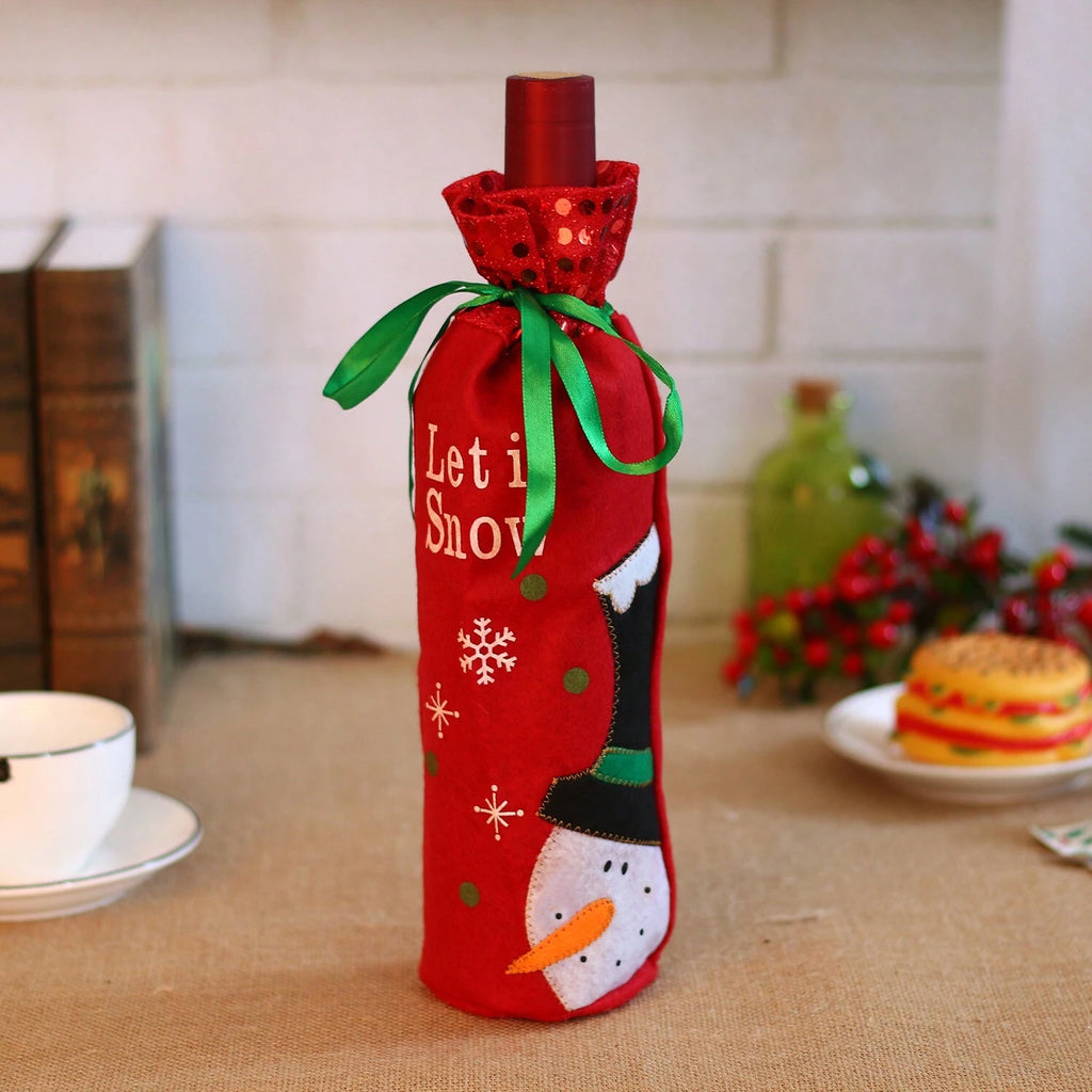1pc/2pcs Christmas Decorations – Creative Santa Claus and Snowman Couple Figurines with Glitter Printed Letter Wine Bottle Bag, Perfect for Holiday Dining Table, Kitchen Décor, Farmhouse Style, and Christmas Party Atmosphere Accessories.