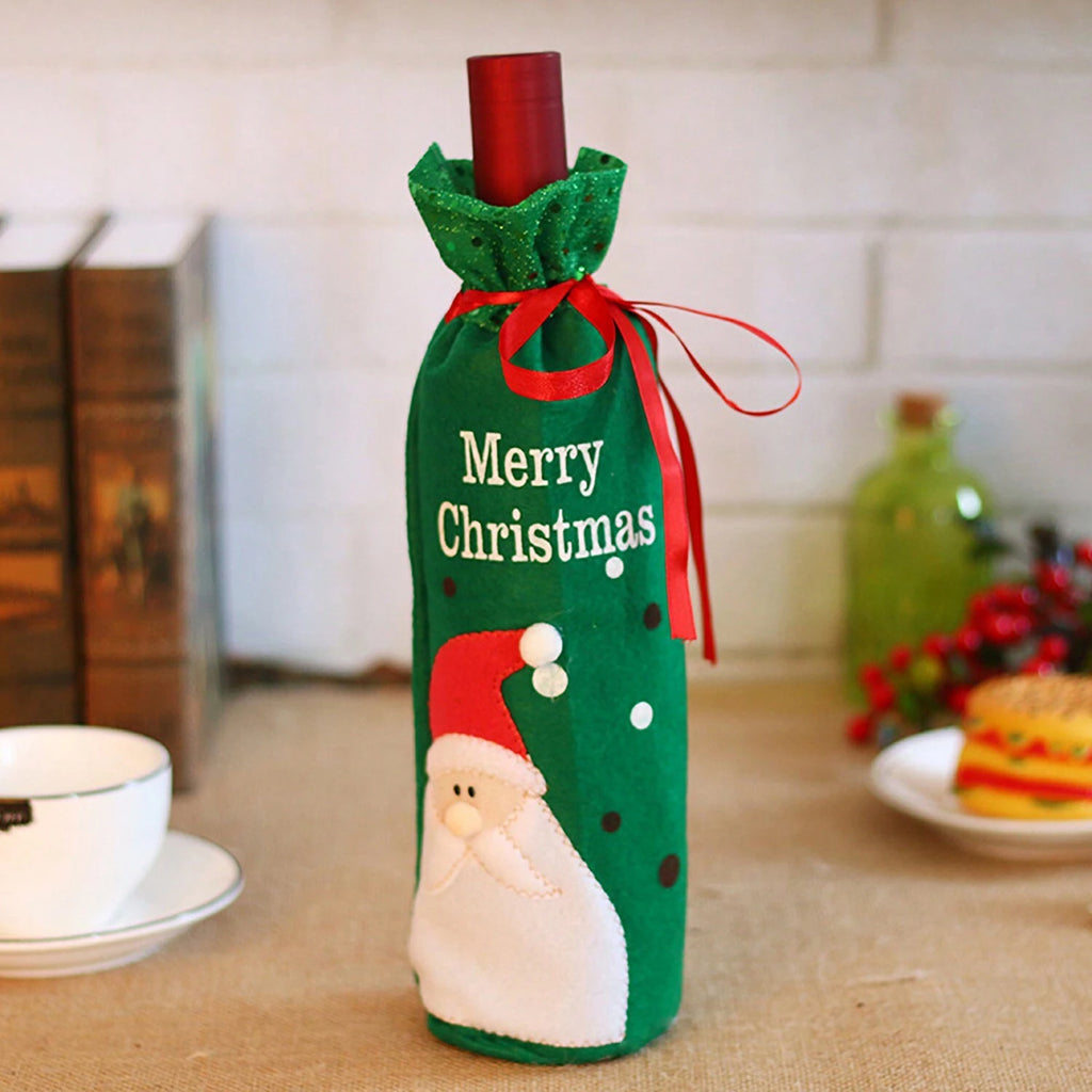 1pc/2pcs Christmas Decorations – Creative Santa Claus and Snowman Couple Figurines with Glitter Printed Letter Wine Bottle Bag, Perfect for Holiday Dining Table, Kitchen Décor, Farmhouse Style, and Christmas Party Atmosphere Accessories.