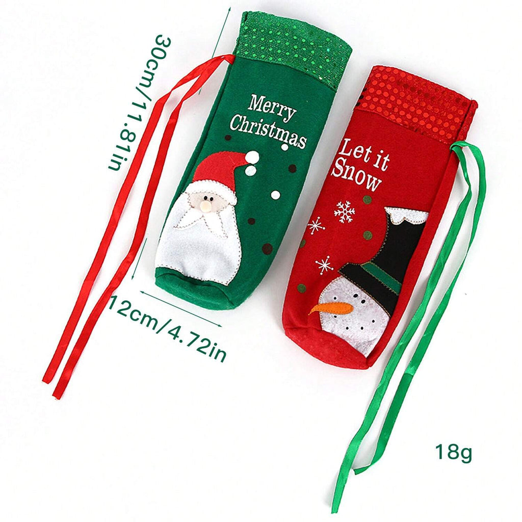 1pc/2pcs Christmas Decorations – Creative Santa Claus and Snowman Couple Figurines with Glitter Printed Letter Wine Bottle Bag, Perfect for Holiday Dining Table, Kitchen Décor, Farmhouse Style, and Christmas Party Atmosphere Accessories.