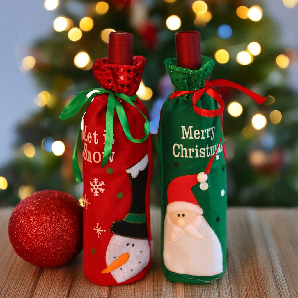 1pc/2pcs Christmas Decorations – Creative Santa Claus and Snowman Couple Figurines with Glitter Printed Letter Wine Bottle Bag, Perfect for Holiday Dining Table, Kitchen Décor, Farmhouse Style, and Christmas Party Atmosphere Accessories.