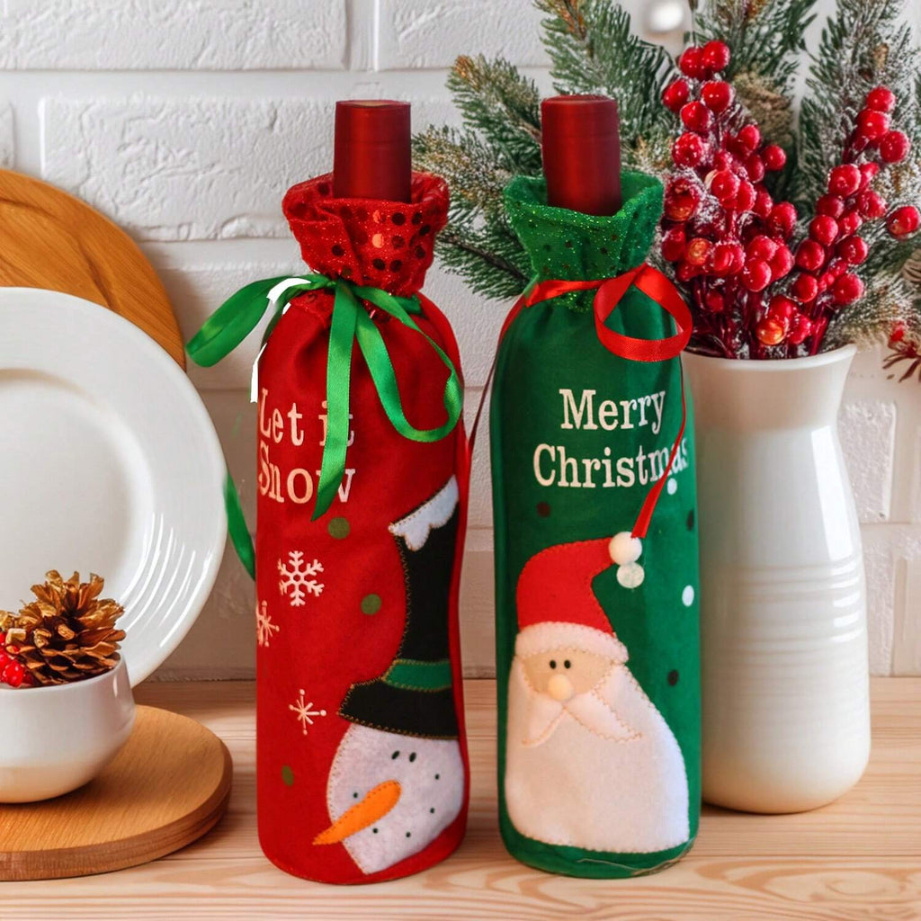 1pc/2pcs Christmas Decorations – Creative Santa Claus and Snowman Couple Figurines with Glitter Printed Letter Wine Bottle Bag, Perfect for Holiday Dining Table, Kitchen Décor, Farmhouse Style, and Christmas Party Atmosphere Accessories.
