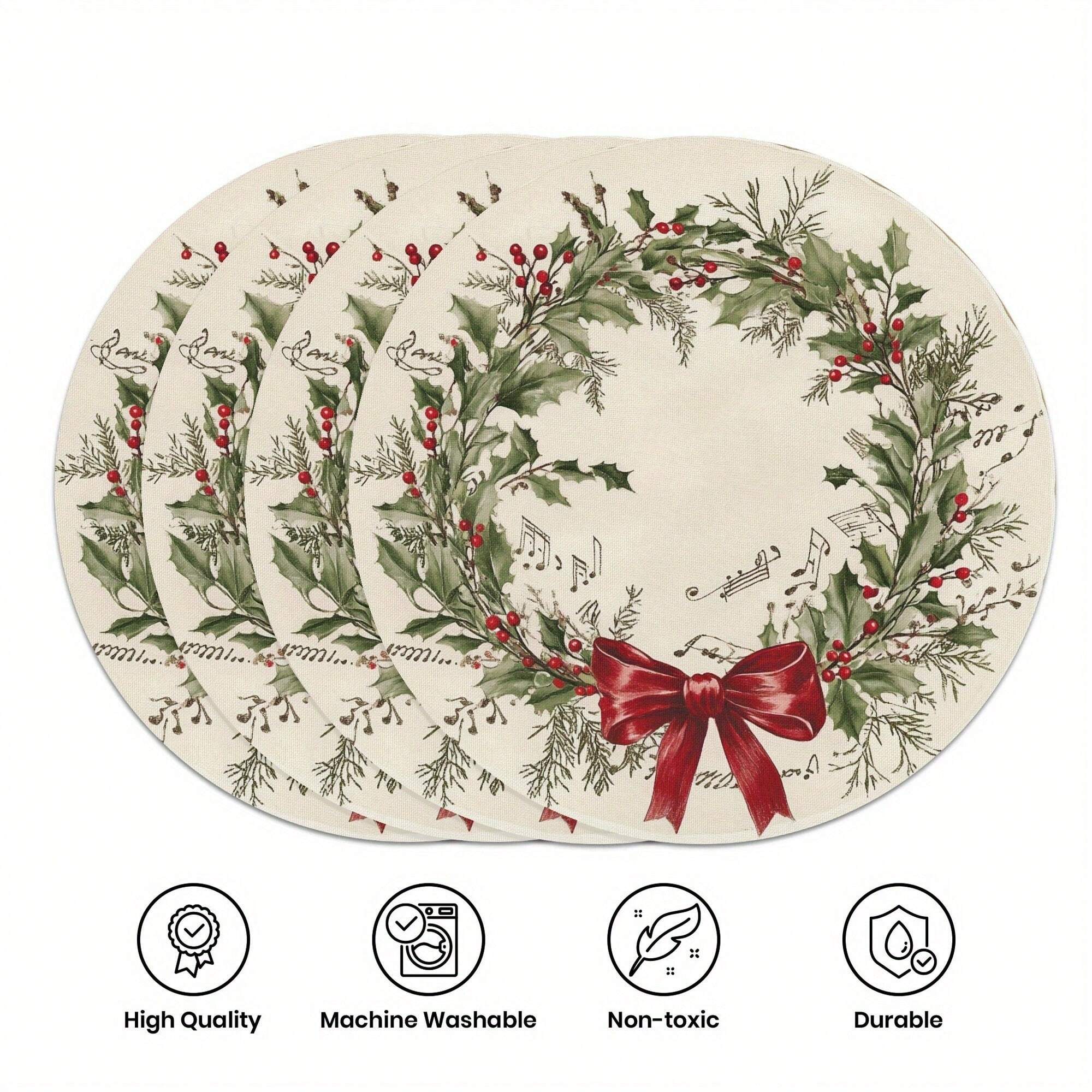 1pc/4pcs/6pcs Round Christmas Placemats – 15-inch Multicolor Linen Mats with Snowflake and Floral Wreath Patterns, Heat-Resistant, Non-Slip, and Machine Washable Table Décor for Holiday Parties, Kitchen, and Christmas Dining Tables.