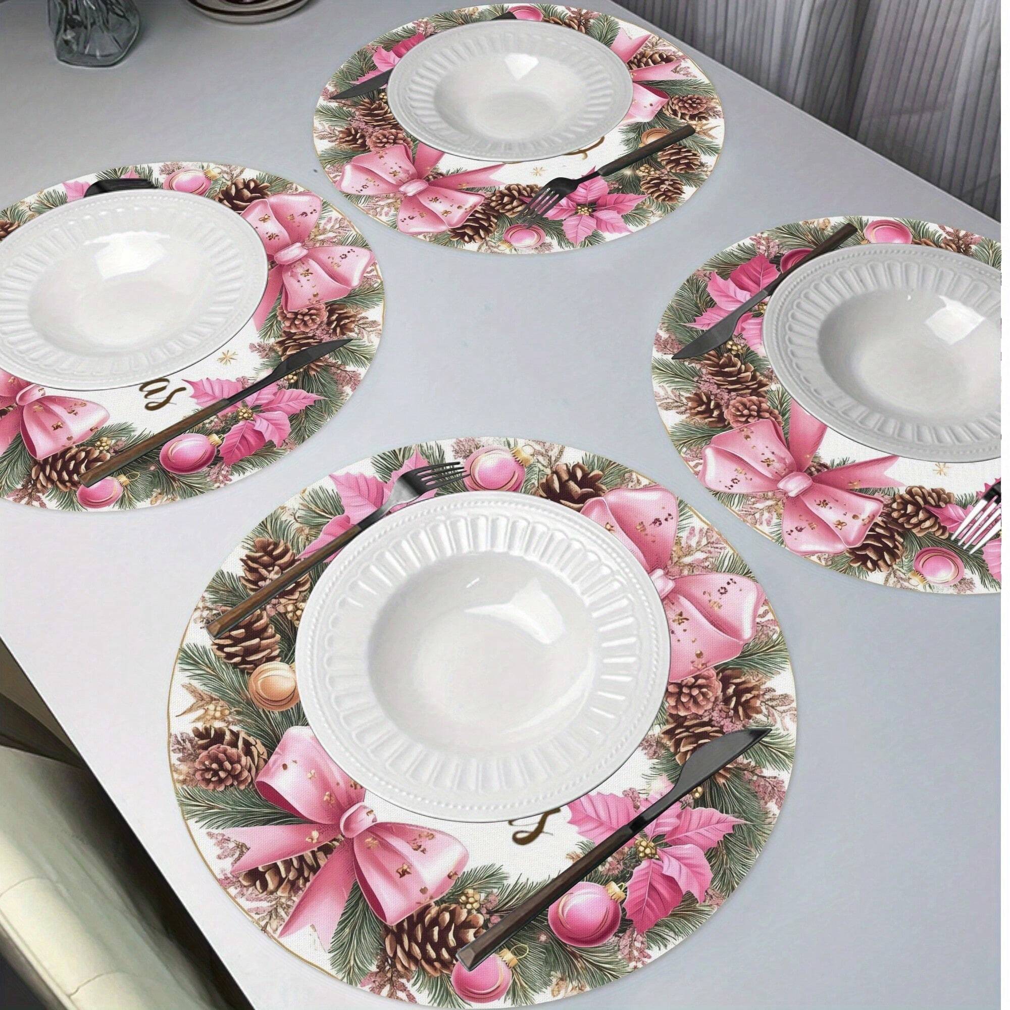 1pc/4pcs/6pcs Round Christmas Placemats – 15-inch Multicolor Linen Mats with Snowflake and Floral Wreath Patterns, Heat-Resistant, Non-Slip, and Machine Washable Table Décor for Holiday Parties, Kitchen, and Christmas Dining Tables.