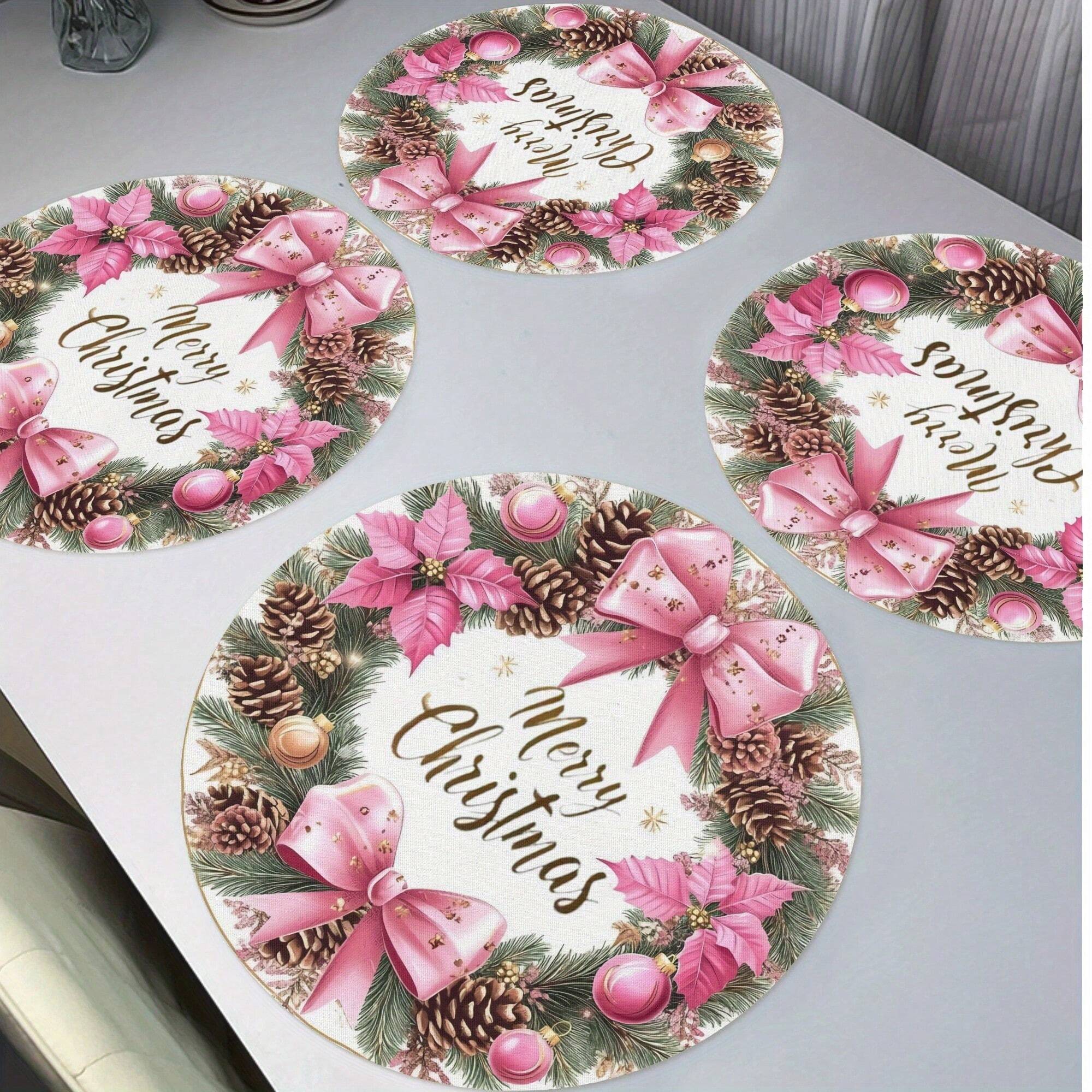 1pc/4pcs/6pcs Round Christmas Placemats – 15-inch Multicolor Linen Mats with Snowflake and Floral Wreath Patterns, Heat-Resistant, Non-Slip, and Machine Washable Table Décor for Holiday Parties, Kitchen, and Christmas Dining Tables.