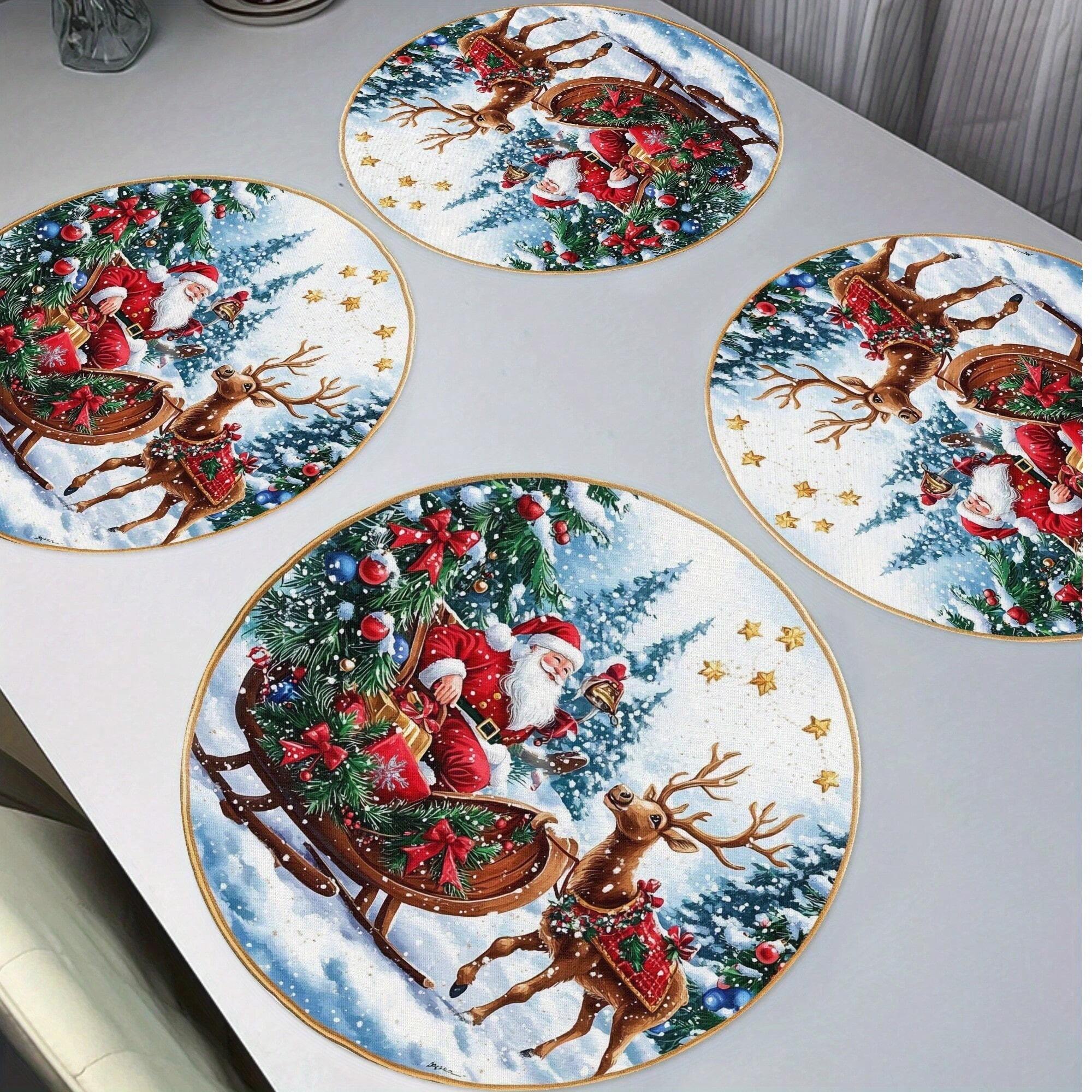 1pc/4pcs/6pcs Round Christmas Placemats – 15-inch Multicolor Linen Mats with Snowflake and Floral Wreath Patterns, Heat-Resistant, Non-Slip, and Machine Washable Table Décor for Holiday Parties, Kitchen, and Christmas Dining Tables.