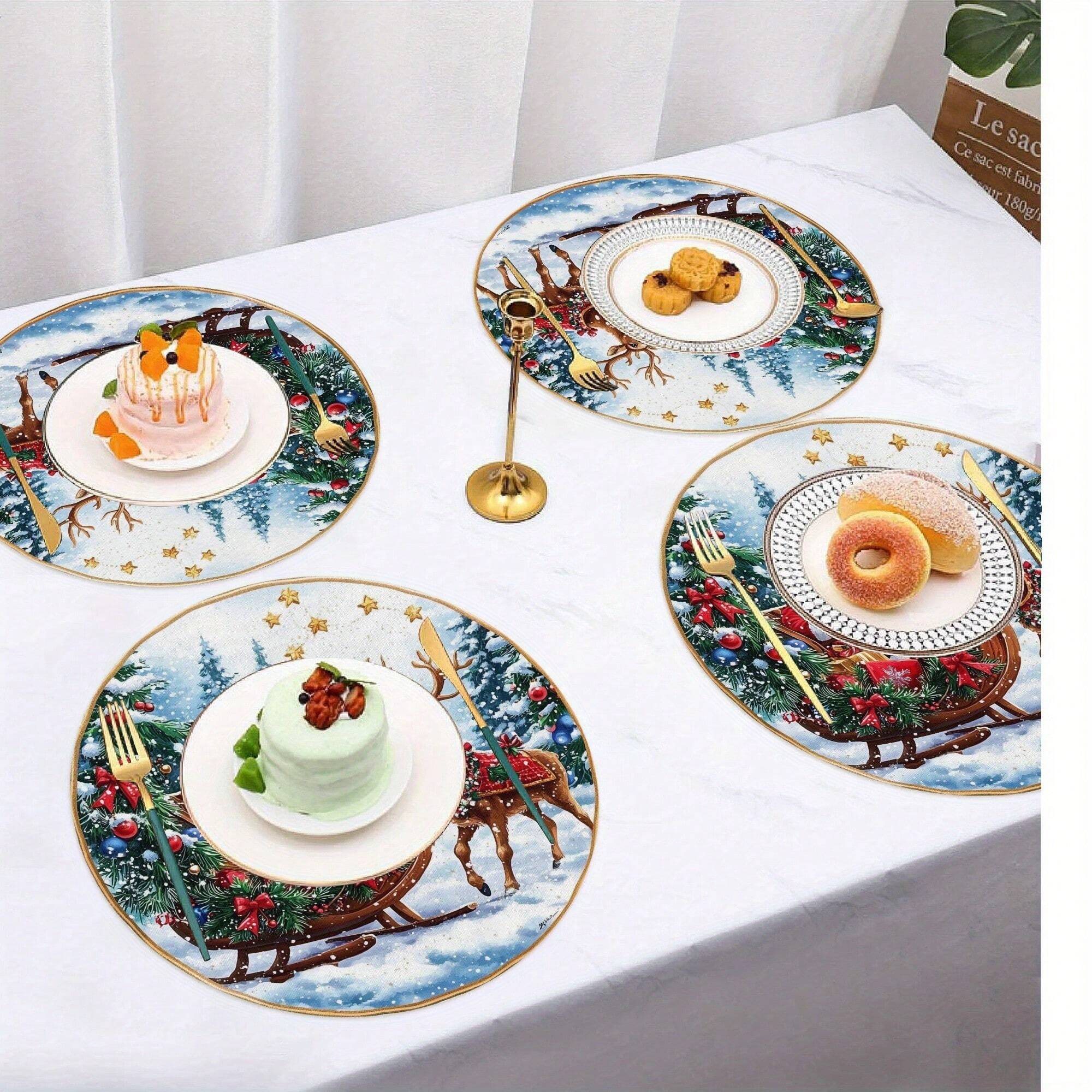 1pc/4pcs/6pcs Round Christmas Placemats – 15-inch Multicolor Linen Mats with Snowflake and Floral Wreath Patterns, Heat-Resistant, Non-Slip, and Machine Washable Table Décor for Holiday Parties, Kitchen, and Christmas Dining Tables.