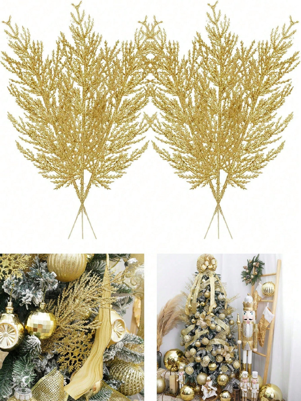 20pcs/10pcs Christmas Glitter Pine Needles – Custom Hanging Faux Pine Leaves, Cedar Stems, and Christmas Leaf Branches for DIY Crafts, Garlands, and Home Decorations. Golden Sparkle Artificial Pine Sprigs with Sequins.