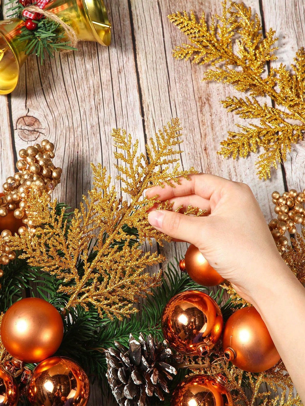 20pcs/10pcs Christmas Glitter Pine Needles – Custom Hanging Faux Pine Leaves, Cedar Stems, and Christmas Leaf Branches for DIY Crafts, Garlands, and Home Decorations. Golden Sparkle Artificial Pine Sprigs with Sequins.