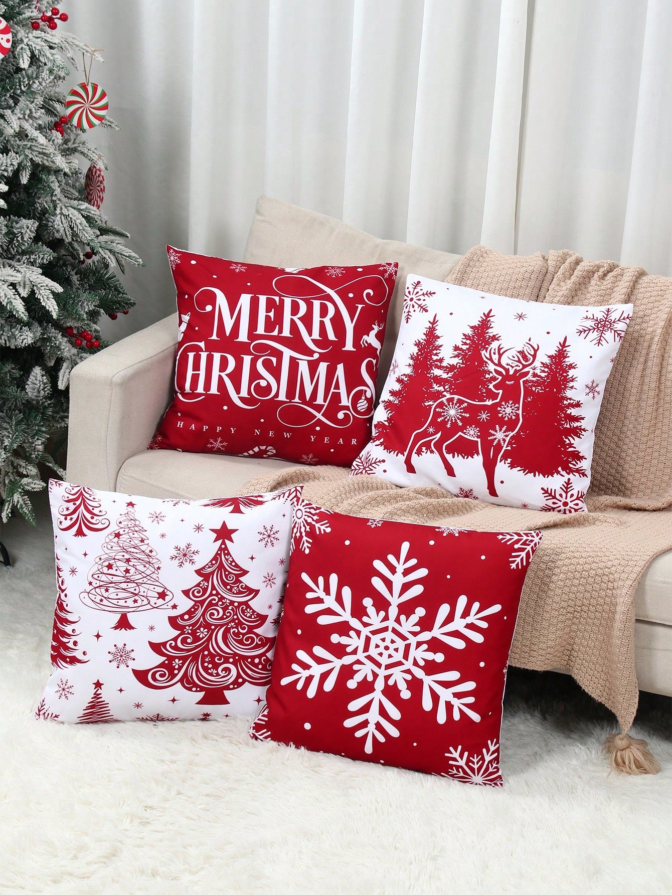 4-Piece Red Christmas Cushion Cover Set – Festive Snowflake & Reindeer Design Pillow Cases for Sofa, Bed, and Living Room Decoration. Perfect for Christmas Parties, Holiday Home Décor, and New Year Celebrations. Durable, Washable, and Easy to Use.