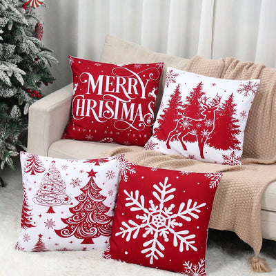 4-Piece Red Christmas Cushion Cover Set – Festive Snowflake & Reindeer Design Pillow Cases for Sofa, Bed, and Living Room Decoration. Perfect for Christmas Parties, Holiday Home Décor, and New Year Celebrations. Durable, Washable, and Easy to Use.