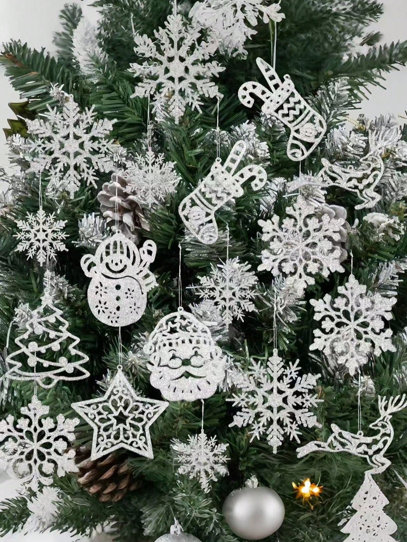 20-Piece Silver Glitter Christmas Tree Hanging Decorations – Snowflake, Reindeer, and Snowman Ornaments for Holiday Trees, Winter Wonderland Parties, New Year Celebrations, and Festive Home Decor.