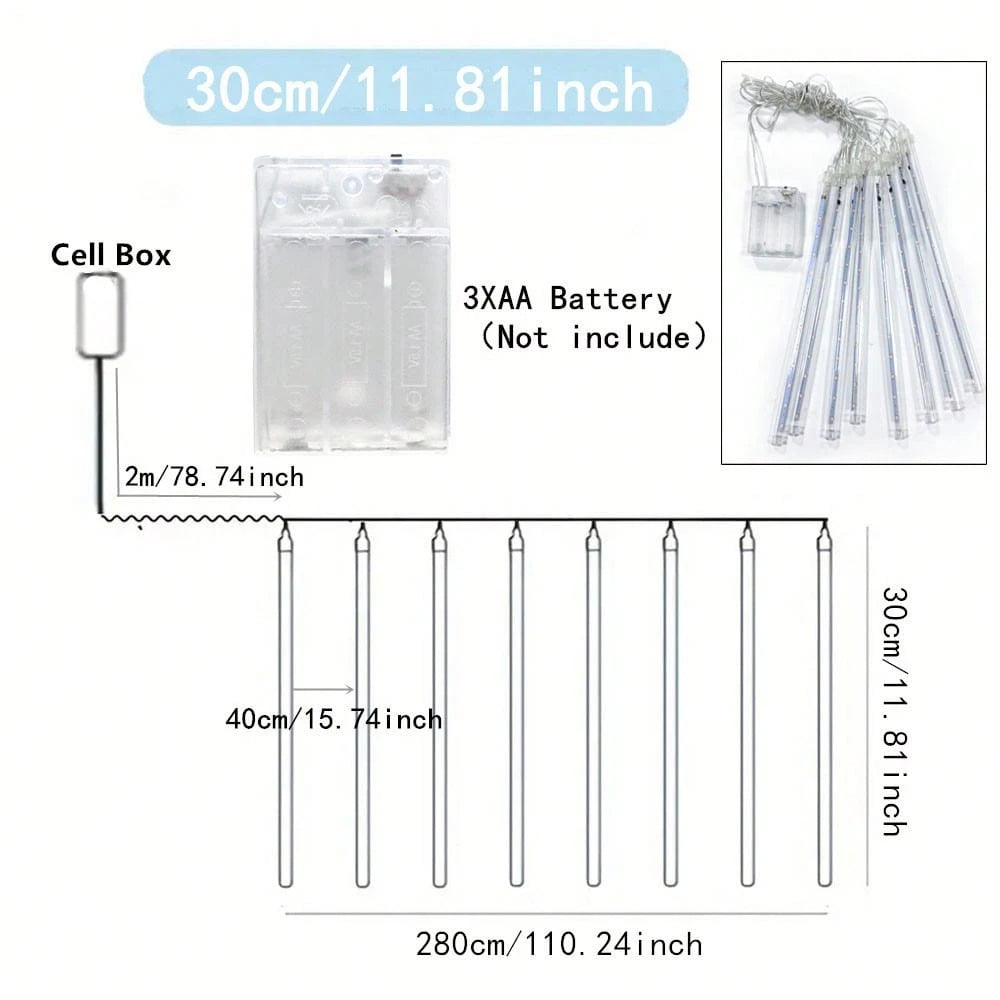 30 cm 8-Tube Battery-Powered Meteor Shower String Lights – Indoor Decorative Hanging Lights for Bedrooms, Christmas Trees, Weddings, and Parties. Elegant LED Rain Lights, Perfect Birthday and New Year Gifts for Home and Holiday Decor.