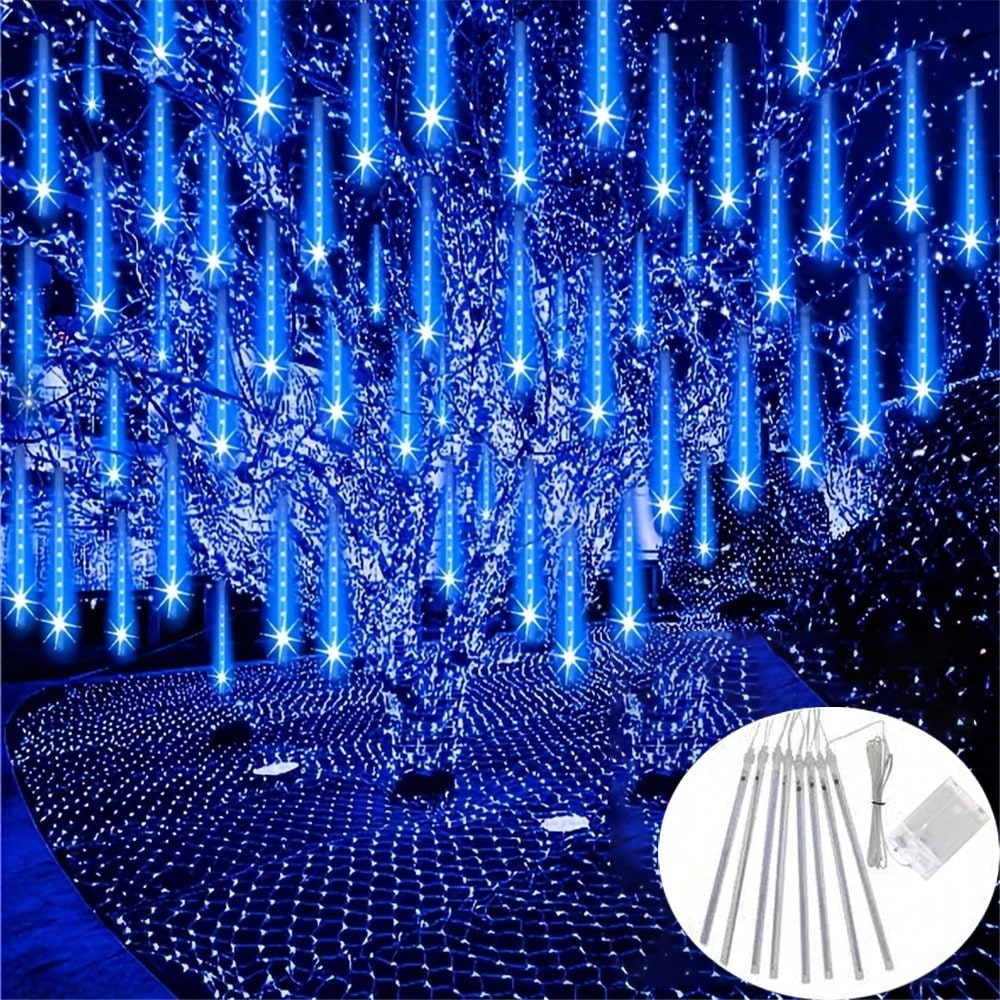 30 cm 8-Tube Battery-Powered Meteor Shower String Lights – Indoor Decorative Hanging Lights for Bedrooms, Christmas Trees, Weddings, and Parties. Elegant LED Rain Lights, Perfect Birthday and New Year Gifts for Home and Holiday Decor.