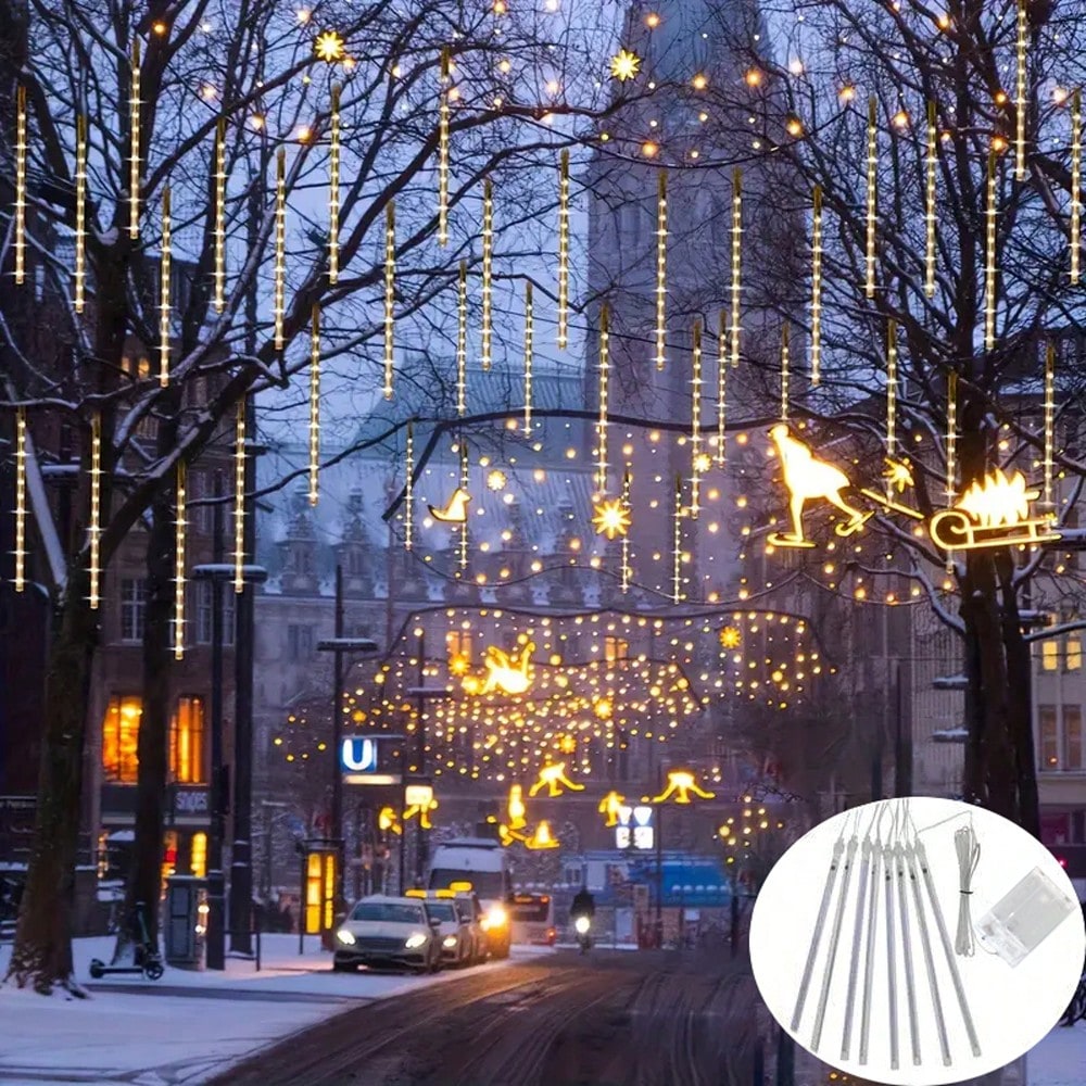 30 cm 8-Tube Battery-Powered Meteor Shower String Lights – Indoor Decorative Hanging Lights for Bedrooms, Christmas Trees, Weddings, and Parties. Elegant LED Rain Lights, Perfect Birthday and New Year Gifts for Home and Holiday Decor.