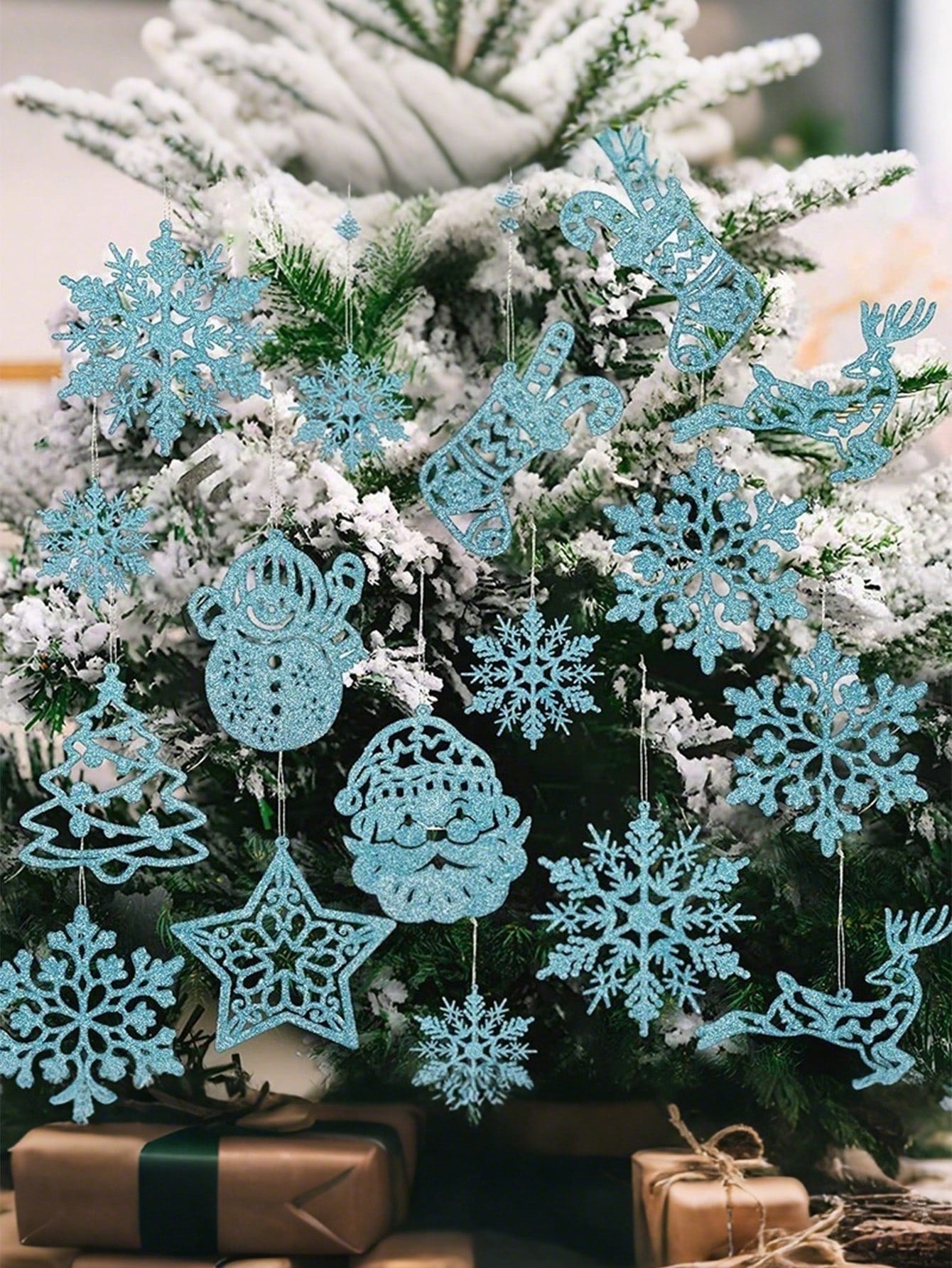 20-Piece Silver Glitter Christmas Tree Hanging Decorations – Snowflake, Reindeer, and Snowman Ornaments for Holiday Trees, Winter Wonderland Parties, New Year Celebrations, and Festive Home Decor.