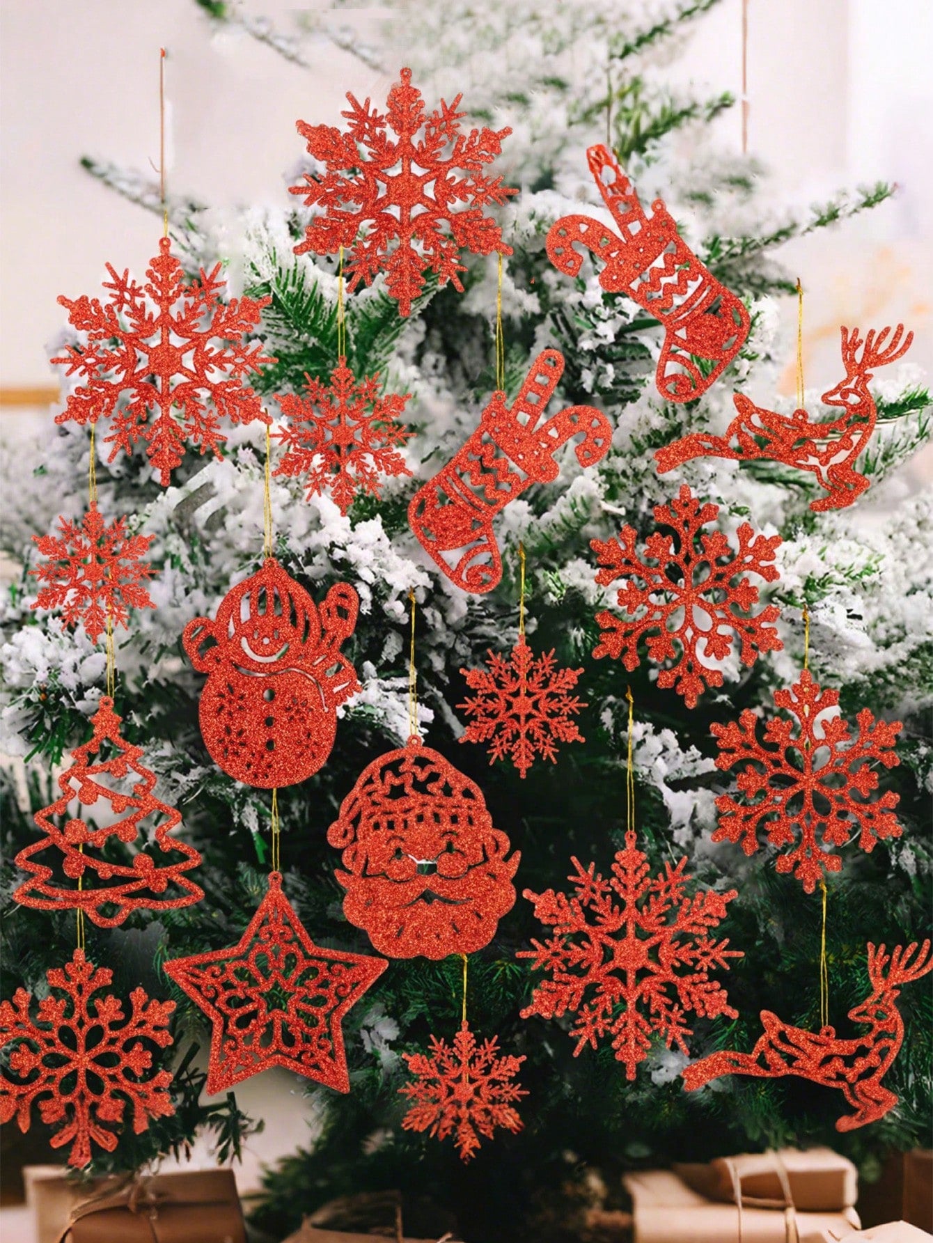 20-Piece Silver Glitter Christmas Tree Hanging Decorations – Snowflake, Reindeer, and Snowman Ornaments for Holiday Trees, Winter Wonderland Parties, New Year Celebrations, and Festive Home Decor.