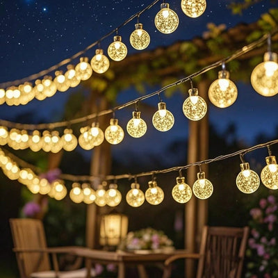 1pc 50/100 LED Solar Crystal Ball String Lights – Outdoor Warm Yellow Glow with 8 Lighting Modes, Waterproof IP44 Solar Fairy Lights for Garden, Yard, Patio, Camping, Bar Tents, and Holiday Decorations. Perfect for Halloween, Christmas, and Party Décor.