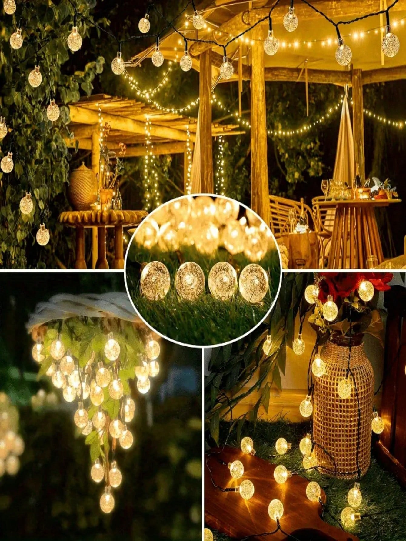 1pc 50/100 LED Solar Crystal Ball String Lights – Outdoor Warm Yellow Glow with 8 Lighting Modes, Waterproof IP44 Solar Fairy Lights for Garden, Yard, Patio, Camping, Bar Tents, and Holiday Decorations. Perfect for Halloween, Christmas, and Party Décor.