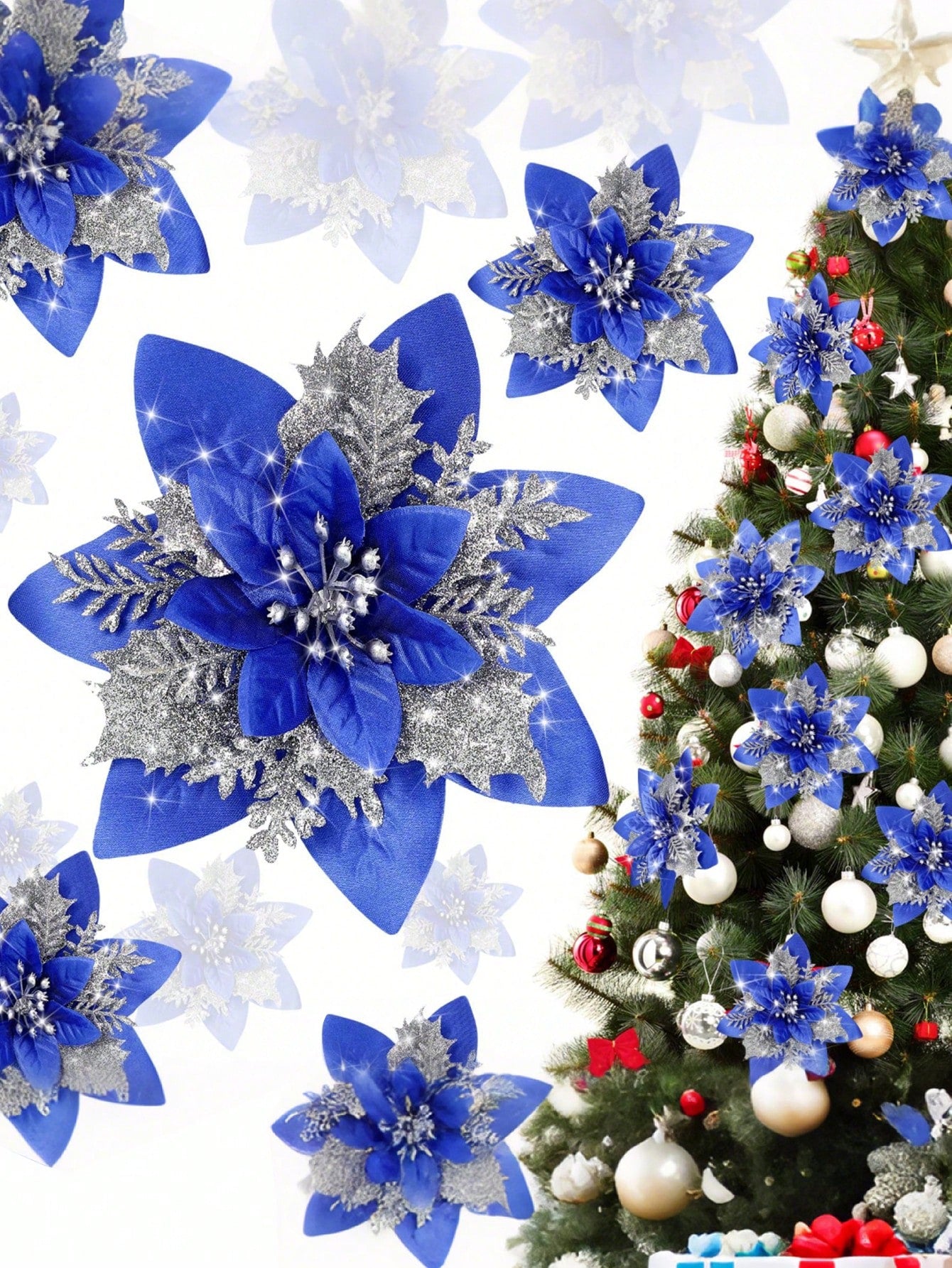 Pink and Silver Poinsettia Flowers, Glitter Christmas Flowers, Shiny Artificial Flowers — perfect for decorating Christmas trees and wreaths, weddings, holiday party decorations.