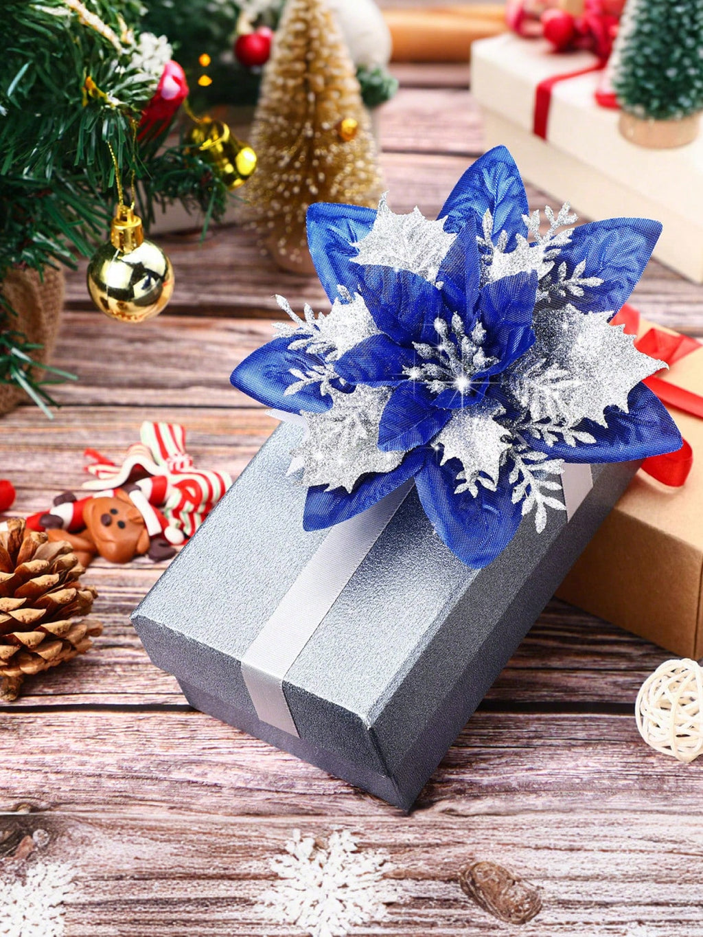 Pink and Silver Poinsettia Flowers, Glitter Christmas Flowers, Shiny Artificial Flowers — perfect for decorating Christmas trees and wreaths, weddings, holiday party decorations.