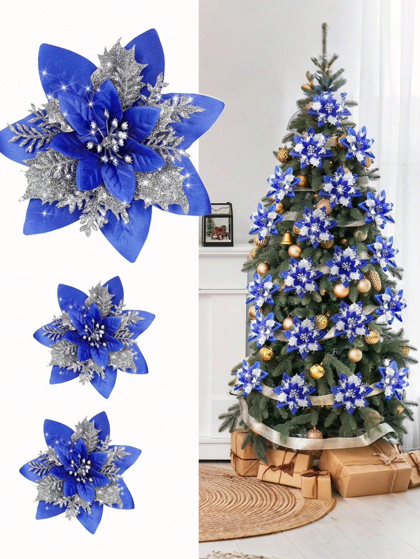 Pink and Silver Poinsettia Flowers, Glitter Christmas Flowers, Shiny Artificial Flowers — perfect for decorating Christmas trees and wreaths, weddings, holiday party decorations.