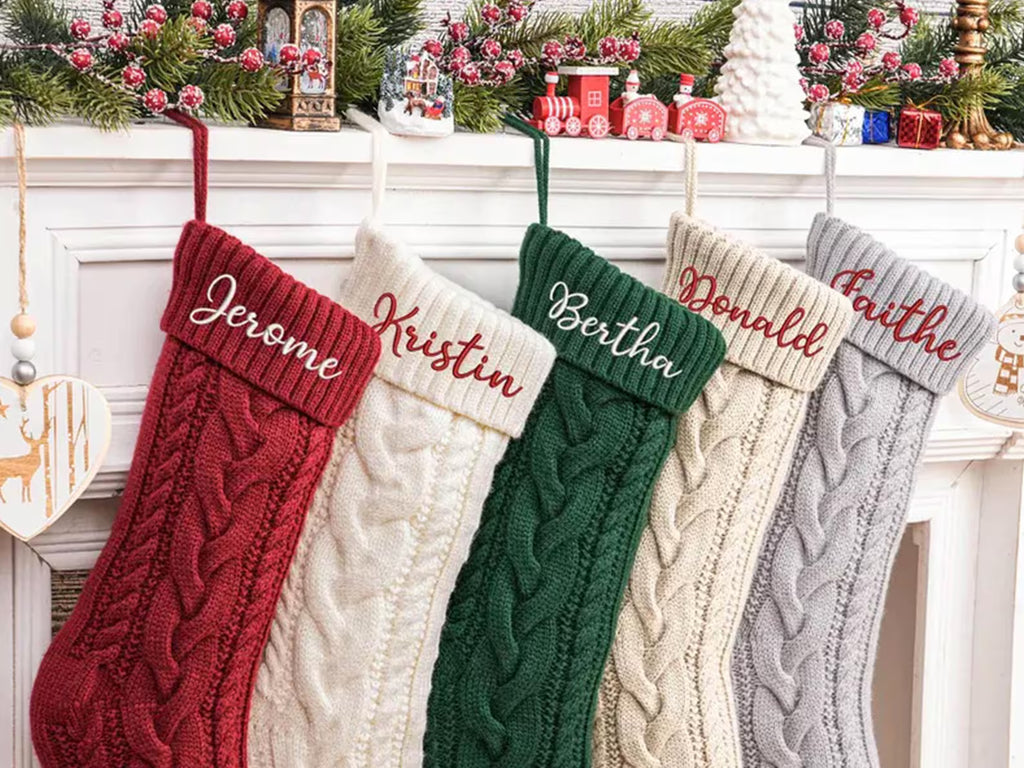 Embroidered Christmas Stocking Personalized Knitted Family Stockings Xmas Stocking with Name Monogram Holiday Stocking Family Christmas Gift